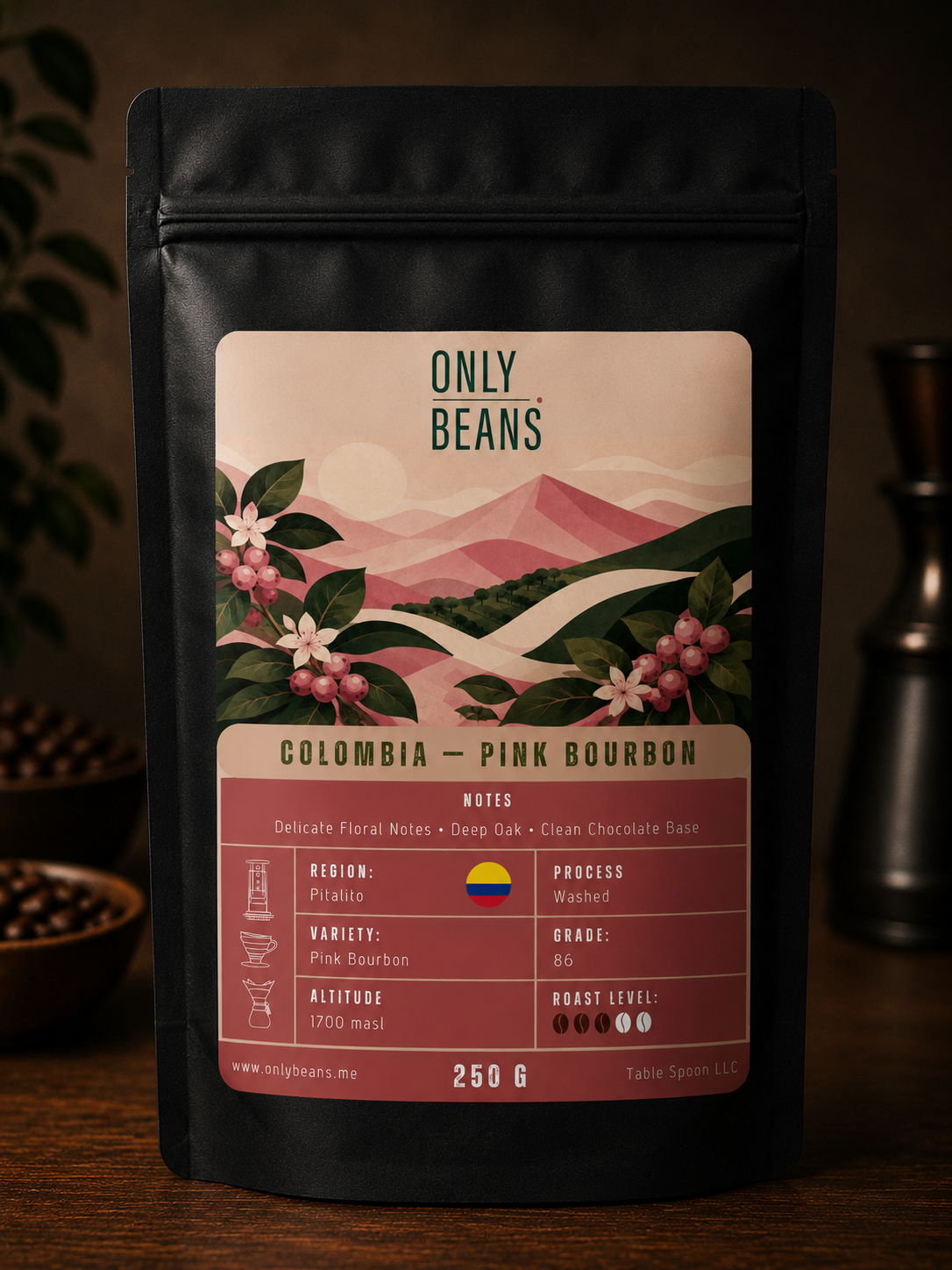Pink Bourbon specialty coffee bag from Colombia